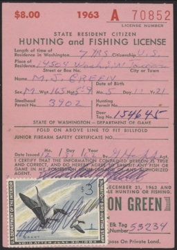 Scan of RW30 1963 Duck Stamp  Used on WA License F-VF