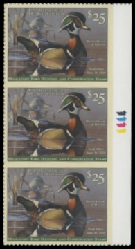 Scan of RW86 2019 Duck Stamp. Block of Three. MNH 