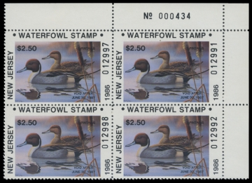 Picture of 1986 New Jersey Duck Stamps. Plate Block of 4