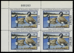 Picture of 1988 Kansas Duck Stamps. Plate Block of 4