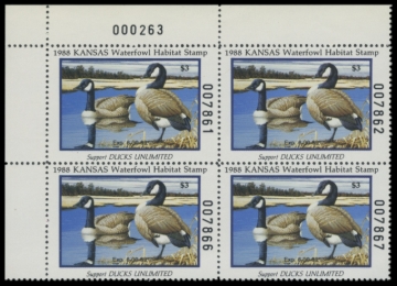 Picture of 1988 Kansas Duck Stamps. Plate Block of 4
