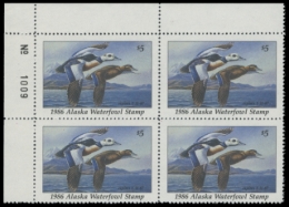 Picture of 1986 Alaska Duck Stamps. Plate Block of 4